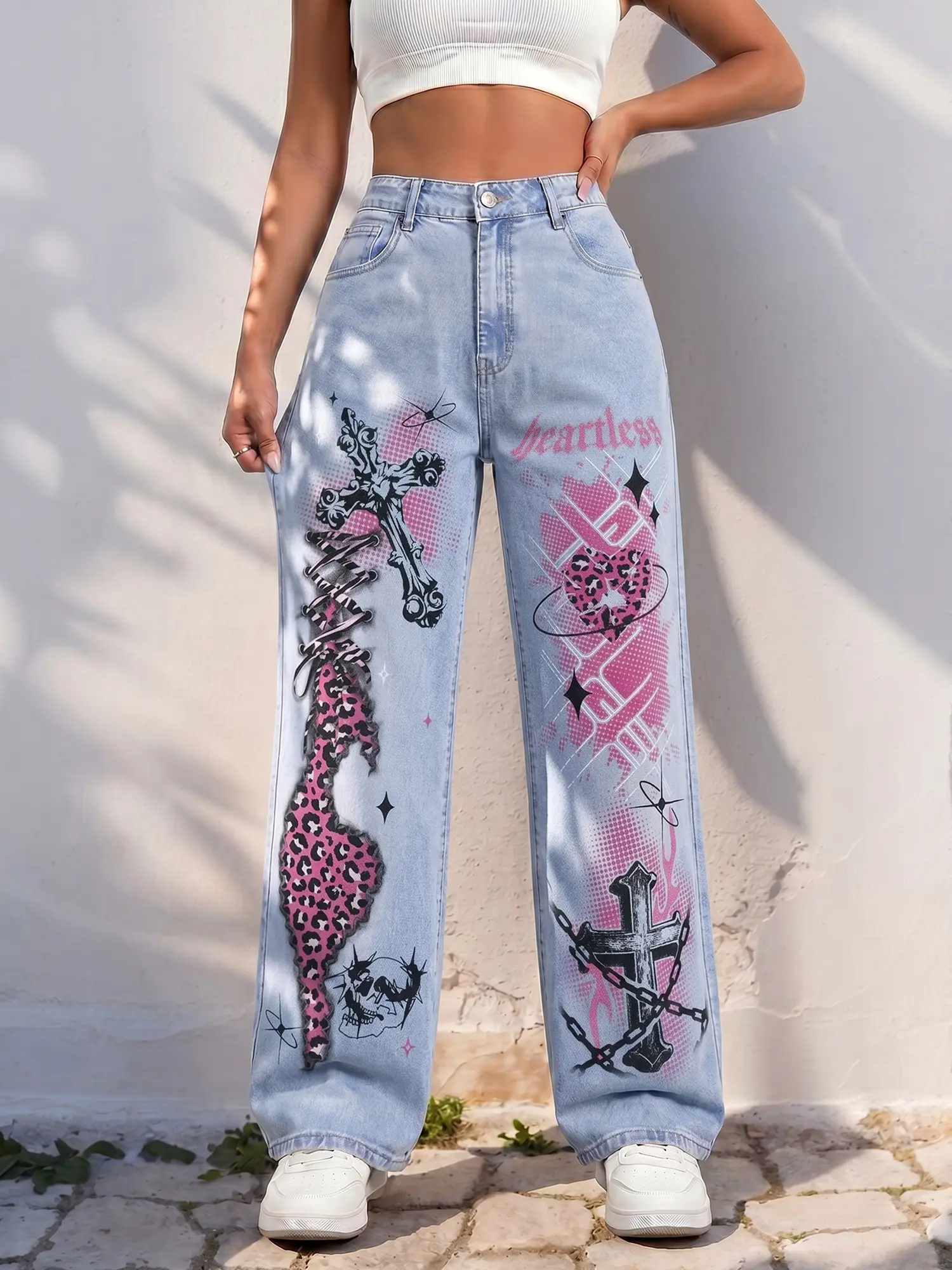 Jr Jeanius Wear Women's High Waist Wide Leg Denim Jeans! High Rise High Stretch Printed Style Semi Baggy Jeans Fit, Bedazzled Jeans Sparkle & Still Cool Vibe! Print has 'larless' letter extra-light wash dot, matches Baggy Outfit. summerwins streetwear