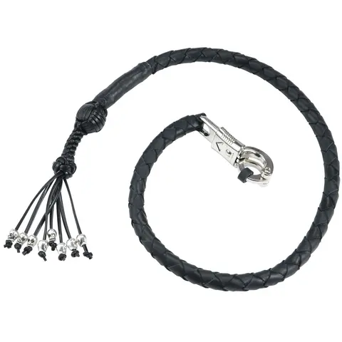 Dream Apparel 36" Genuine Leather Motorcycle Get Back Whip with Fringes and Skulls - Heavy Duty Stainless Steel Quick-Release Clasp