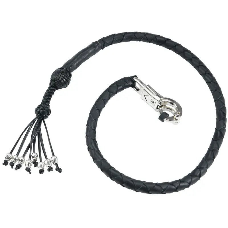 Dream Apparel 36" Genuine Leather Motorcycle Get Back Whip with Fringes and Skulls - Heavy Duty Stainless Steel Quick-Release Clasp