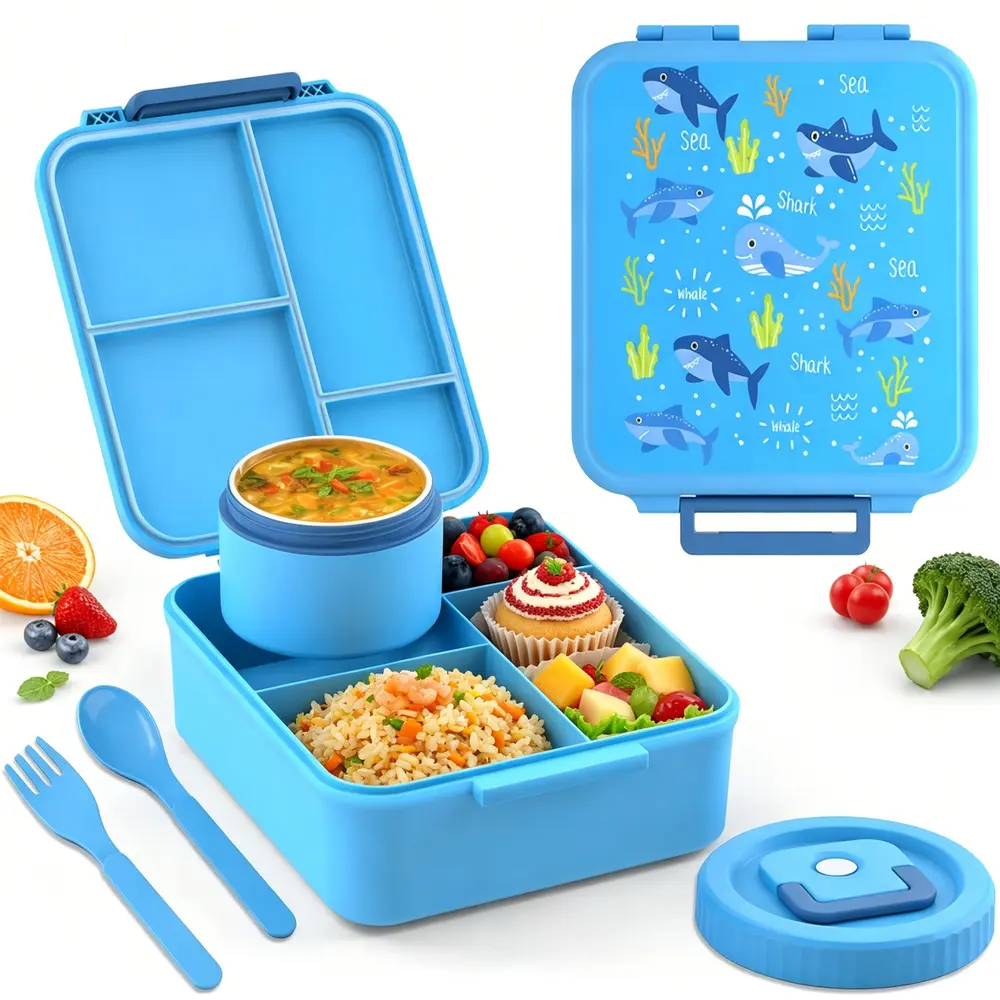 Bento Box Cartoon Printed Divided Meal Tray, Airtight Snap Lock Lid Anti-Slip Base, Reusable Snack Storage for Kindergarten & Daily Lunches