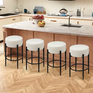 Backless Round Bar Stools; Set of 4, Short 24" High Barstools, Convenient Foot Rest, Linen Boucle Fabric Cover and Thick Sponge Seat for Kitchen, Pub, Island,