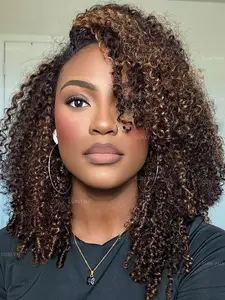 Kinky Curly Half Wig Human Hair Highlight Brown Curly Glueless Install Flexible Fit 3 In 1 Ombre 2/30 Half Wig With Adjustable String Flip Over Beginner Friendly Invisible Hairline 20 Inch