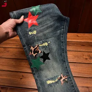 High Street Fashion Jeans Men's Autumn and Winter Clothing Hole & Patch Personality Star Patch Slim Fit Skinny Stretch Pants