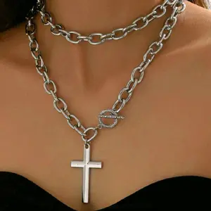 Layered Cross Necklace - Silver Tone Chain with Cross Pendant for Women's Fashion Accessory
