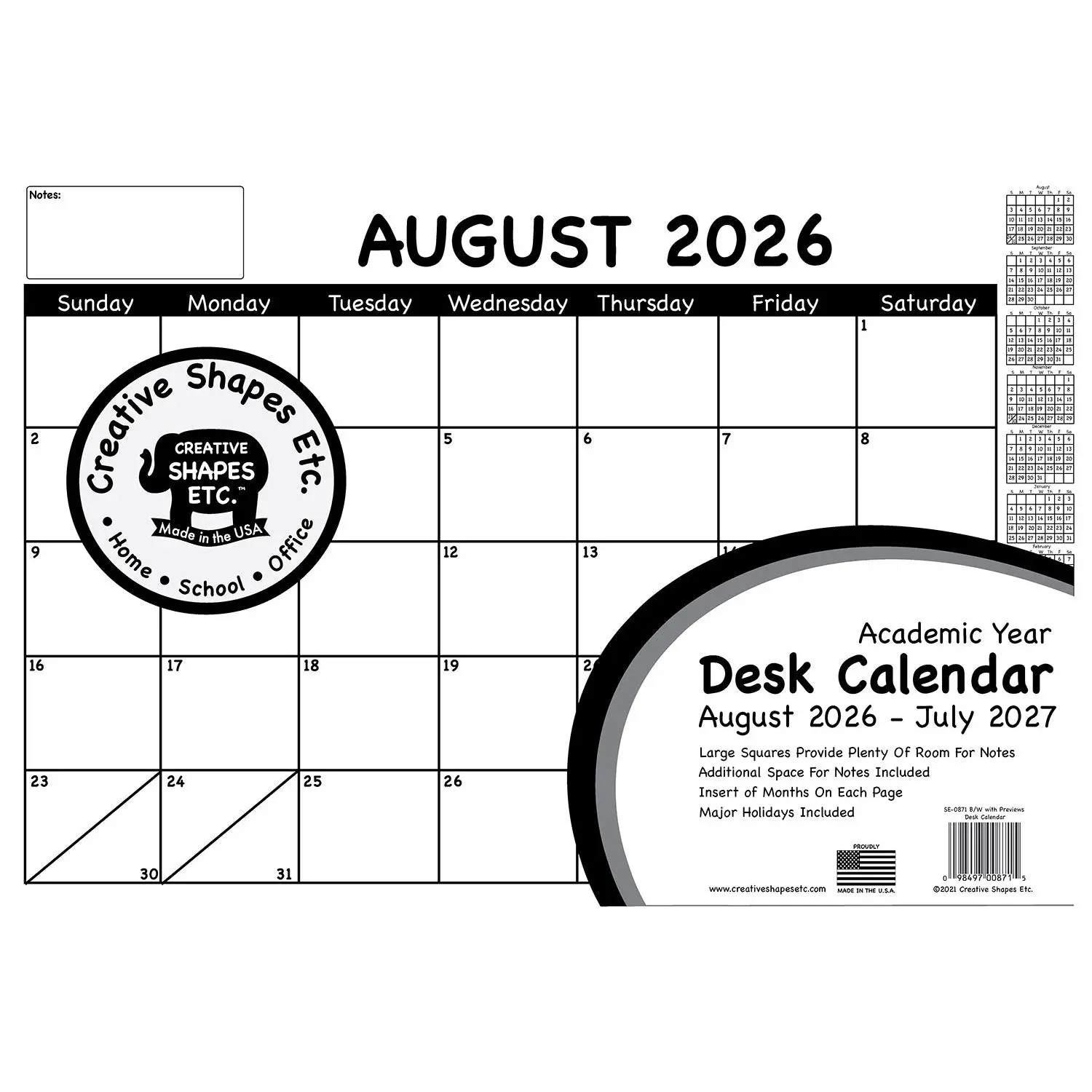 SHAPES ETC. Academic Year Desk Calendar - Black & White, Preview Feature, Teacher Planner, Office Organizer, Homeschool Planning Notebook