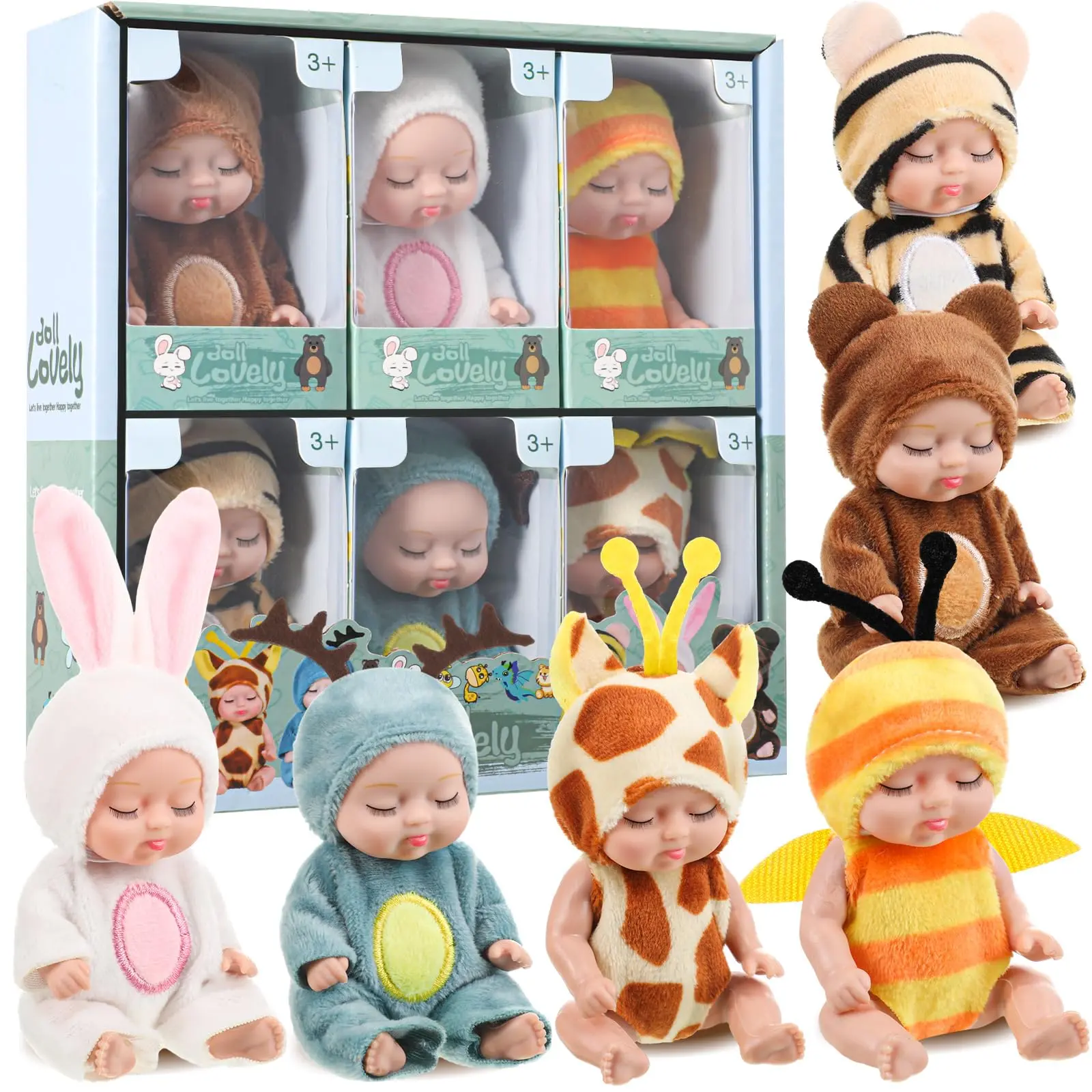 Back to Shool 6 Set Mini Animal Sleepy Reborn Dolls for Little Girl & Doll Collector Emotional Companionship Gift  Aesthetic Birthday Party Gift Box Holiday Party Decorations
