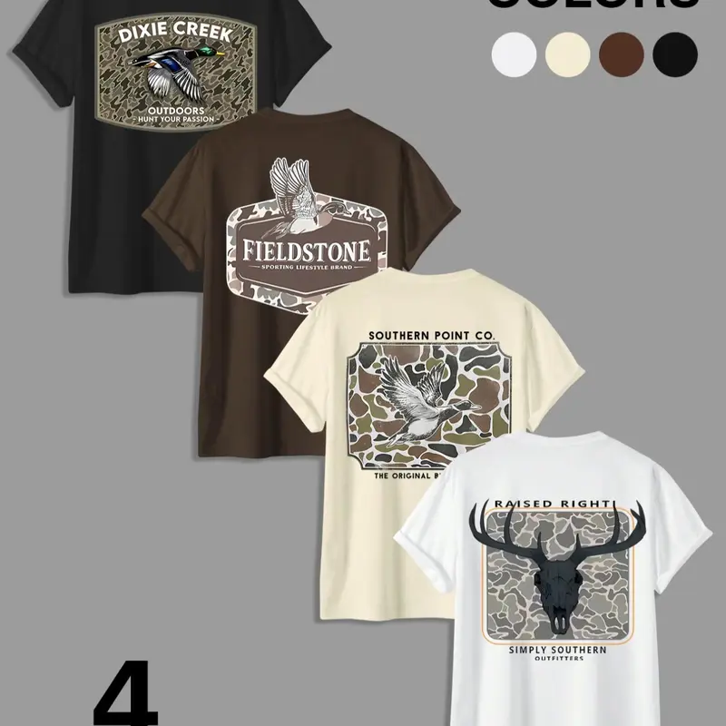 Men's Letter & Deer Print Round Neck Graphic Tee, Knit Regular Fit Casual Short Sleeve T-Shirt for Summer, Men's Top for Daily Wear, Fitted, Multicolor