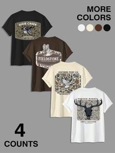 men's letter & deer print round neck graphic tee, regular fit casual short sleeve t-shirt for summer, men's top for daily wear, tropical