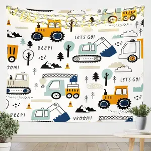 Cartoon Car Tapestry,Construction Wall Hanging,Decor Wall Hanging,Excavator Tractor Decorations Wall Art,Large 59W"x82L" Room Lightweight Multicolor