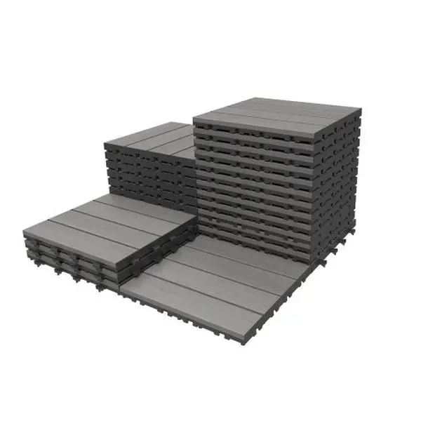 27 Pcs 12"x12" HDPE Interlocking Deck Tiles, Waterproof All-Weather Outdoor Flooring, Dark Grey Wood Look Snap-Together Floor Tiles for Patio, Deck, Garden & Poolside