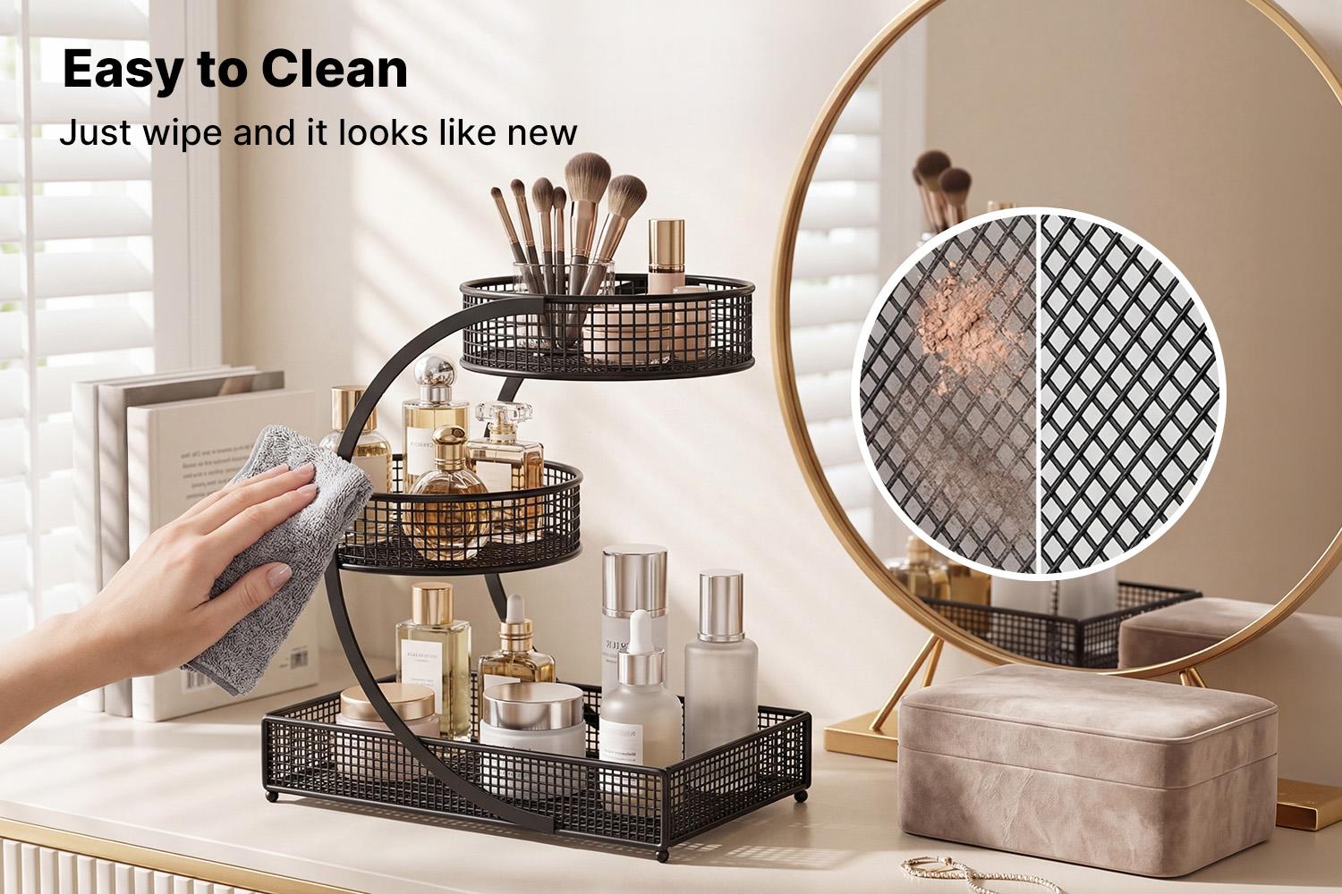 3-Tier Tiered Metal Storage Basket, Space-Saving Countertop Organizer for Bathroom, Bedroom & Kitchen, Multipurpose Rack for Cosmetics, Fruits and Daily Supplies (Black)
