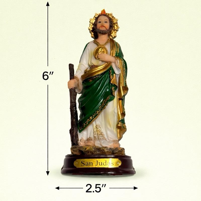 6 inch San Judas Statue - Gold and Green Robe with Cane and Medal - Religious Figurine for Home Decor