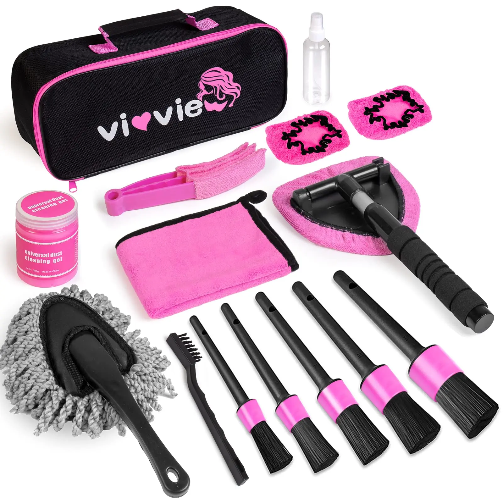 Vioview Pink Car Cleaning Kit, Car Detailing Kit Interior Cleaner with Windshield Cleaning Tool, Detailing Brush Set, Cleaning Gel, Complete Car Cleaning Supplies for Windows, Dashboard, Air Vents