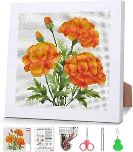 Marigold Cross Stitch Kits for Beginner,Flowers Stamped Cross Stitch Kits Crafts for Adults with Wooden Framed,Embroidery Kit for Beginners,Partial 11CT Floral Cross Stitch for Kids 7.9x7.9 inch