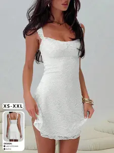 Elegant White Sleeveless Mini Slip Dress with Ruffle Straps and Bow Knot Detail Lace Patchwork Fitted Summer Party Outfit