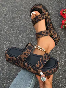Summer New Leopard Print Dual Strap Thick Sole Sandals for Women, Casual Outdoor Wear, Comfortable Heeled Slippers