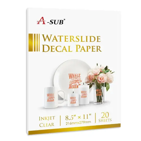 A-SUB Waterslide Decal Paper for Inkjet Printers 20 Sheets Clear Water Slide Transfer Paper 8.5x11 in for DIY Tumbler, Mug, Glass Decals, DIY Craft Paper