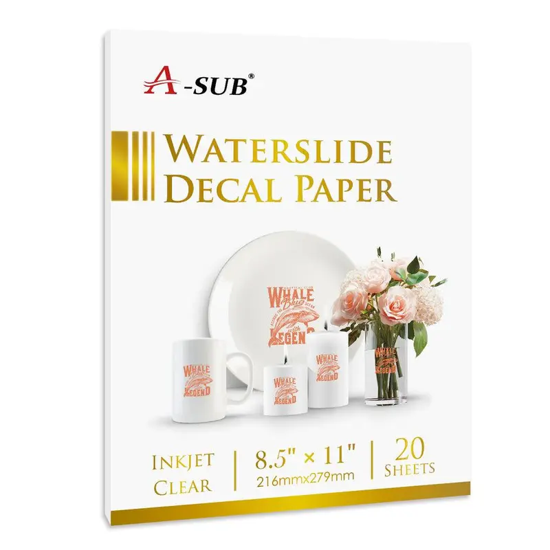 A-SUB Waterslide Decal Paper for Inkjet Printers 20 Sheets Clear Water Slide Transfer Paper 8.5x11 in for DIY Tumbler, Mug, Glass Decals, DIY Craft Paper
