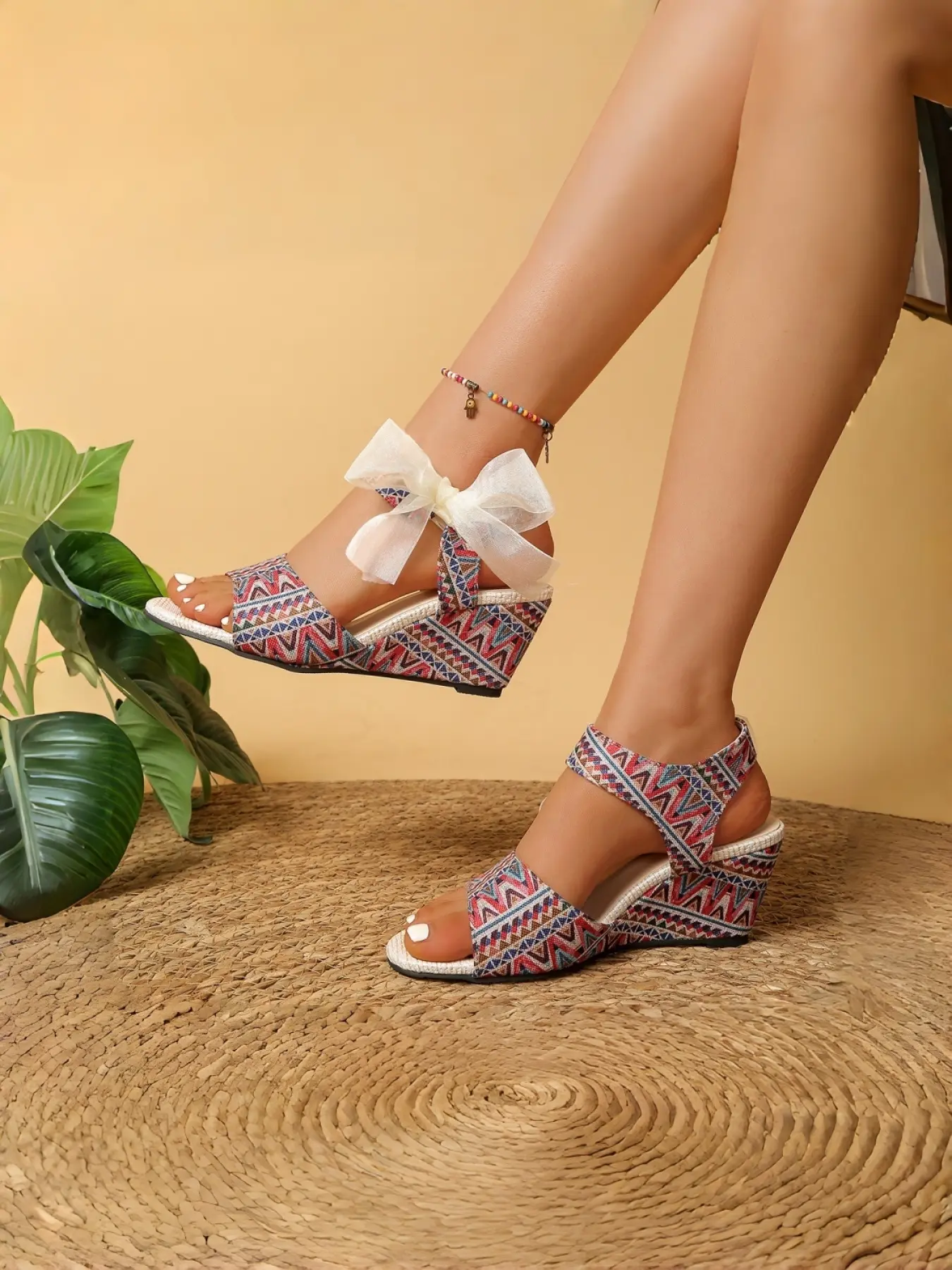 Boho Embroidered Wedge Sandals | Bow Tie Platform Heels, Ethnic Summer Essentials, Comfy Chunky Heel, Versatile (Multi-Color)