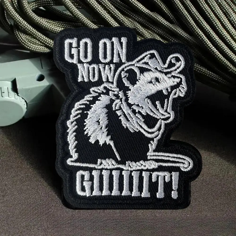 Go on Now Giiiiit Tactical Patch Funny Opossum Hook&Loop Embroidered Patch Airsoft Morale Badge Military Army Backpack Stickers Sewing Accessories Haberdashery Embroidery Patches