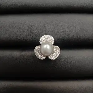 Raya(11021)gc.Lunar Bloom Ring - Cultured Pearl Center with Three Diamond Petals in Sterling Silver