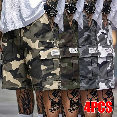 Men's 4-Pack Casual Cargo Shorts - Urban Camouflage, Drawstring Waist, Multi-Flap Pockets, Label Patch, Streetwear Summer Outfit (Men's Bottoms Clothing, Army Print Style), Urban Camouflage Men's Shorts