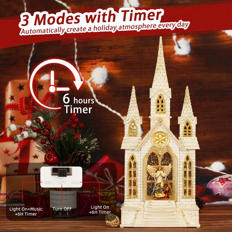 16Inch Lighted Religious Snow Globe Nativity Church with 6H Timer Music, Multicolored Resin, Classic Style, Christmas Home Decor Gift