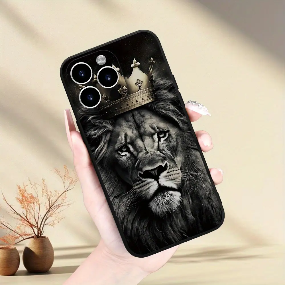 Case for iPhone 16 Pro Max 15 Plus 14 13 12 11 XS XR Creative Lion Wearing a Crown Pattern Pocket-Friendly Shockproof Silicone Protective Softcase Gift For Girls and Women