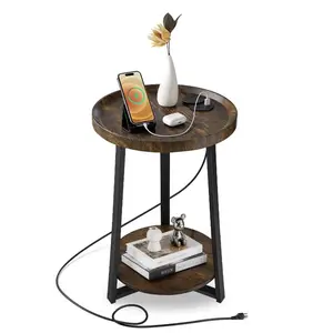 summervibes 2-Tier Modern Round End Table with Wood Finish, Open Shelves, USB Port, and AC Charging Port, Nightstand for Living Room, Bedroom, Two Tiers