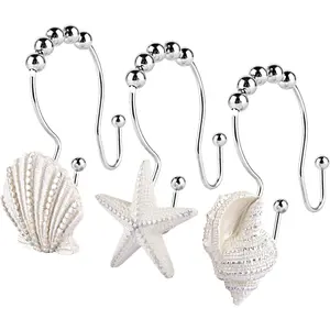 Decorative Shower Curtain Hooks 12 Pcs Seashell Double Glide Shower Curtain Hooks for Bathroom and Living Room (White Seashell) - Home Improvement. Stainless Star