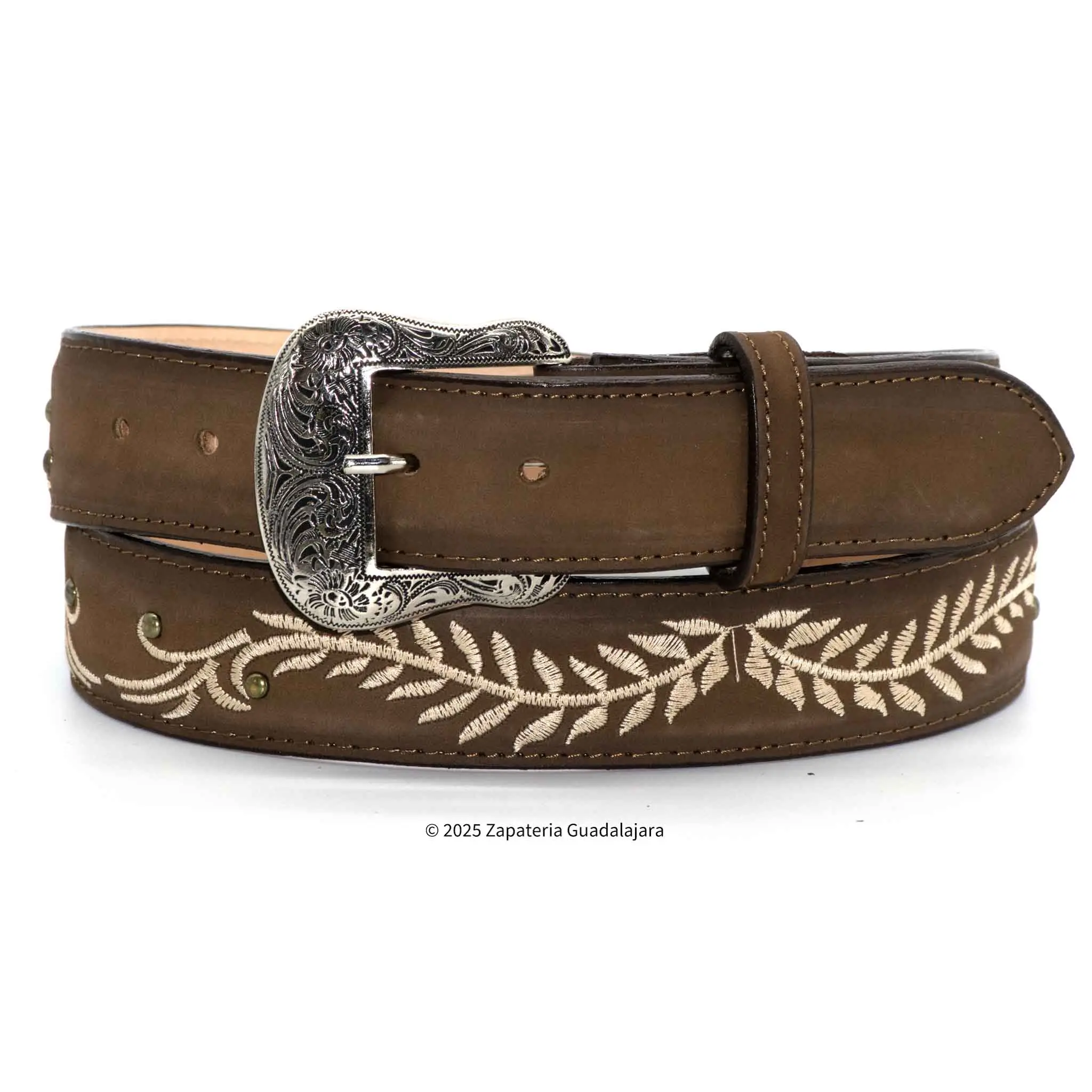 WOMEN'S EMBROIDERED 1.5" LEATHER BELT BROWN -W201