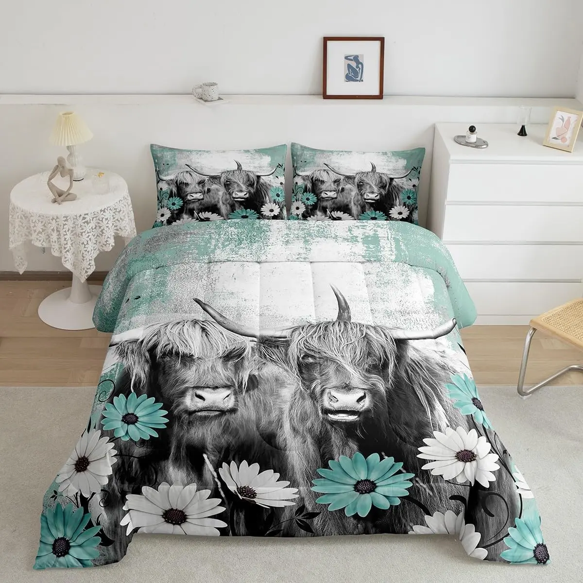 Feelyou Highland Cow-Western Longhorn Bull Decorative Bedding Set, Farmhouse Animal Theme Decor, Soft Breathable Teal Daisy Floral Quilt Fabric Duvet Set, Bedspread Set, Decorative Bedsheet Sets