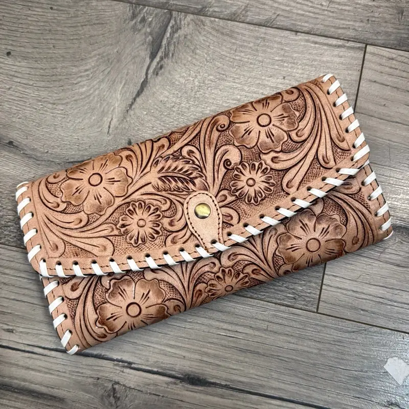 Women's Fashion Leather Wallet - Tan Tooled, Floral Embossing, White Stitching, Leather Card Wallet for Stylish Everyday Use, Fashion Wallet