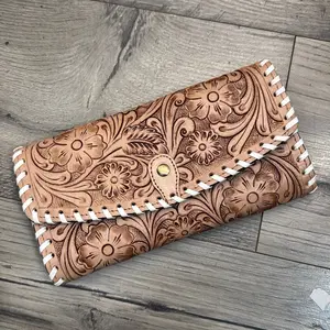 Tan Tooled Leather Wallet with Floral Embossing and White Stitching for Stylish Everyday Use
