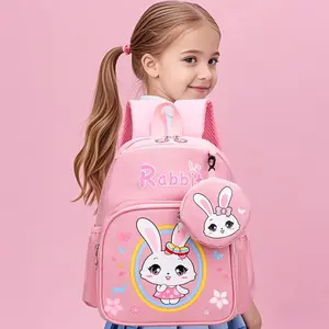 NewGirls' Cute Rabbit Backpack for Kindergarten - Lightweight , Zipper Closure & Detachable Pouch, Pink Cartoon  Flowers, Durable Fabric for Ages 3-6 Years, School Backpack for Girls, Kindergarten Daypack, Decorative Rabbit Motif, Easy Carry Straps