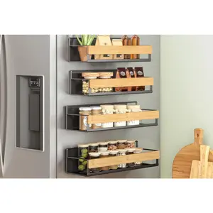 Magnetic Bamboo Spice Rack for Refrigerator, 4 Pack (2 Large + 2 Small) Kitchen Magnetic Shelves, No Drilling Needed, Ink Black