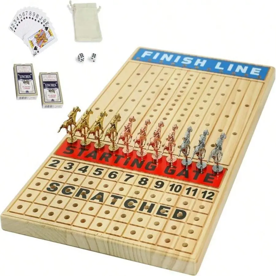 Horse Racing Board Game With 11 Luxury Metal Horses Thickened Wood Game Chessboard Including Dice And Cards Finish LINE Race Game Board
