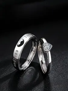 2Pcs Couple Heart Ring Set, Classic Silver Tone Plated Rings with Engraved Letters & Heart Cut CZ, Adjustable Promise Rings, Perfect Valentine's Day Gifts, Ideal for Couple Gatherings, Parties, Travel and Daily Fashion Wear