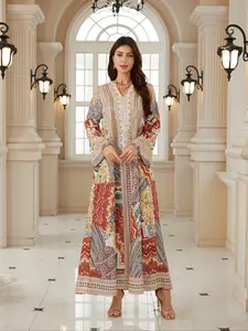 Middle Eastern Women's New Fabric Printed Embellished Long Sleeve Dress, Arabic Kaftan Long Robe, Womenswear Festival Evening Gown Abayas Full Beaded Jalabiya
