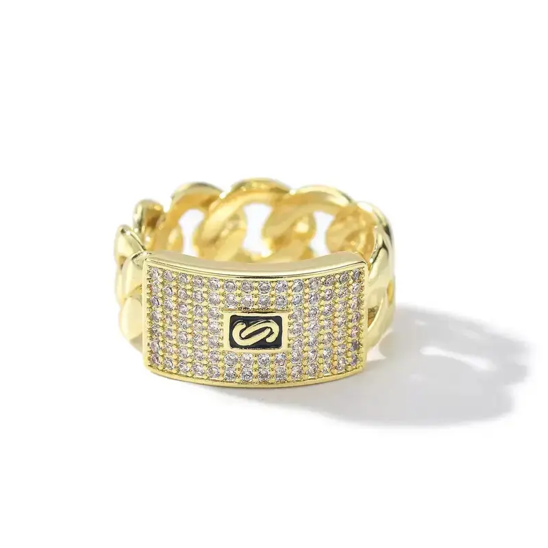 14K Gold Plated Iced Out Cuban Link Ring - Bling Initial "S" Zircon Ring for Men - Hip Hop Streetwear Jewelry Cuban Chain Ring Niche Design lced Out Zircon,Hip Hop personality Fashion, Hip Hop Ring forMen and Women with Gift Box,summerwins