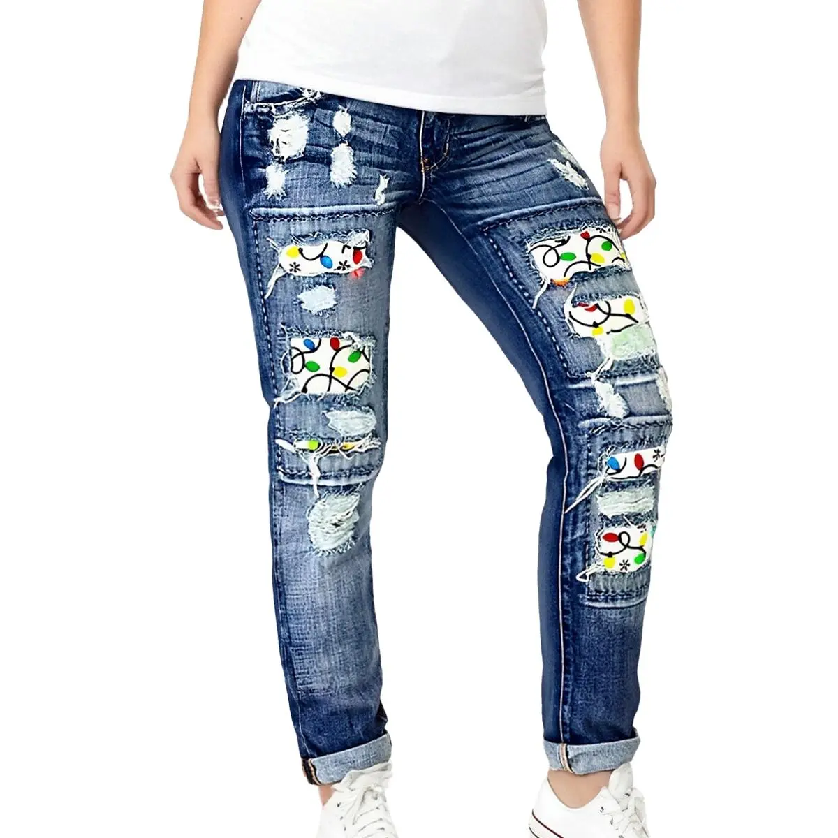 Christmas Holiday Ripped Colorful Light Printed Mid Waist Straight Leg Jeans Pants Women Denim Trousers with Festive Design Blue Fitted Style Womenswear Bottom Graphic Jeans Streetwear