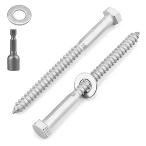 15 Sets 1/4 x 4 Stainless Steel Hex Head Lag Screws with Flat Washers & Bit, Heavy Duty Wood Screws, Rust-Proof Exterior Fasteners for Deck, Fence & Construction
