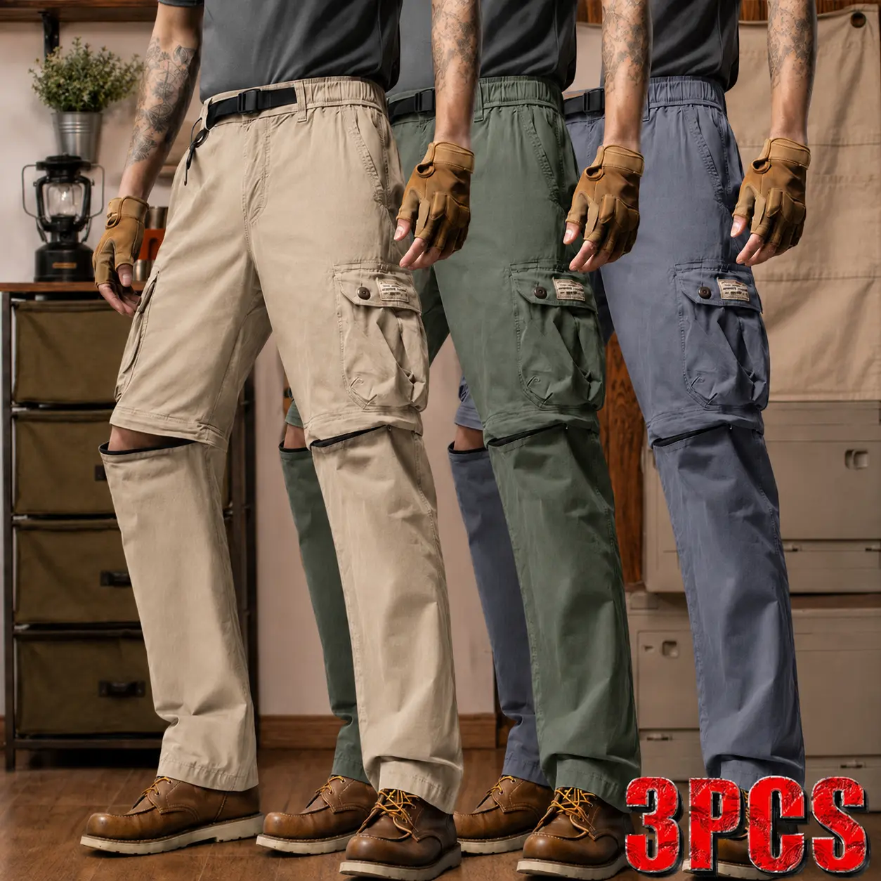 Men’s 3-pack detachable zip cargo pants with adjustable waistband, multiple pockets, straight-leg outdoor hiking long pants, pure cotton washed lightweight cargo pants