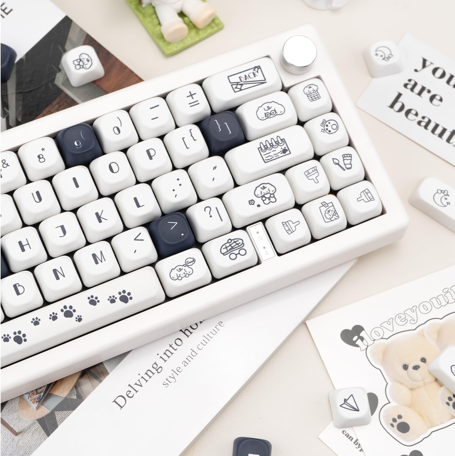 Cute Puppy Paws Theme Keycaps 120 Keys | Black White PBT Dye-Sub, MOA Profile, ANSI Layout Compatible with MX Cherry Mechanical Keyboards