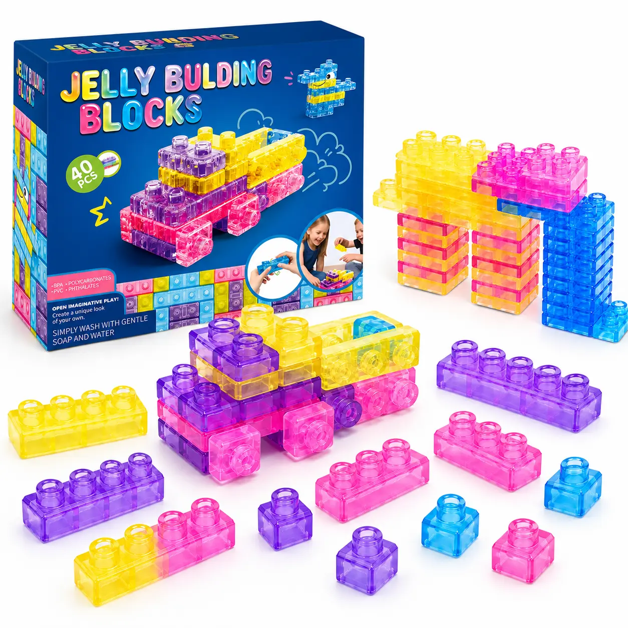 40PCS TPE-Like Flexible Jelly Buildable Blocks Kit - Modular Block Stacking Toy Set for Preschool Kids, Early Learning, Fine Motor Skills & Creativity Development, Ideal Birthday Gift