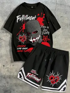 Two piece men's streetwear set, featuring a silk screen print with a heart piercing and ski mask pattern, loose T-shirt and striped side shorts, ideal for holidays, streetwear, and summer, durable and bold prints for trendsetters