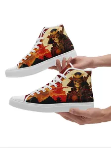Men's Samurai & Skull Print Lace Up High Top Sneakers, Casual Comfortable Breathable Sports Running Shoes, Couple Male All-match Round Toe Shoes for Daily Wear