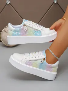 New European Style Rainbow Gradient Glitter Thick Sole Sneakers, Side Zipper Design Height Boost Shoes, Unique Casual Streetwear