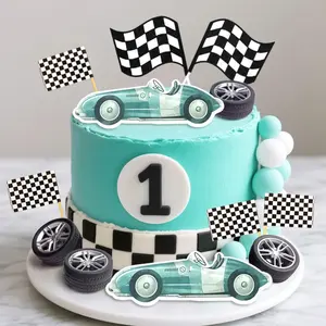 cake shed cake topper gender revealRacing Car Cake Topper Set with Checkered Flag Green Racing Theme Decorations for Themed Birthdays and Growing Up Themes Standard-Sized Cake Toppers