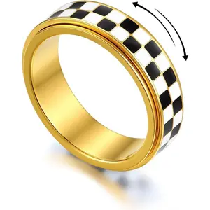 Classic Plaid Fingertip Rotating Ring, Fashion Stress Relief Spinner Ring, Unisex Daily Jewelry, Black White Pattern Band Ring, Perfect for Birthday Holiday Gifting